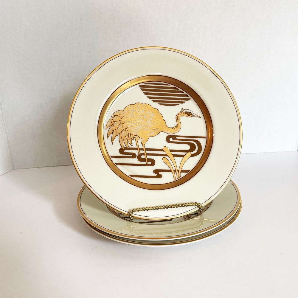 Fitz and Floyd Golden Heron Lot of 3 Salad or Dessert Plates 7.5"